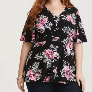 Torrid Black Floral Jersey Knit Peplum Top